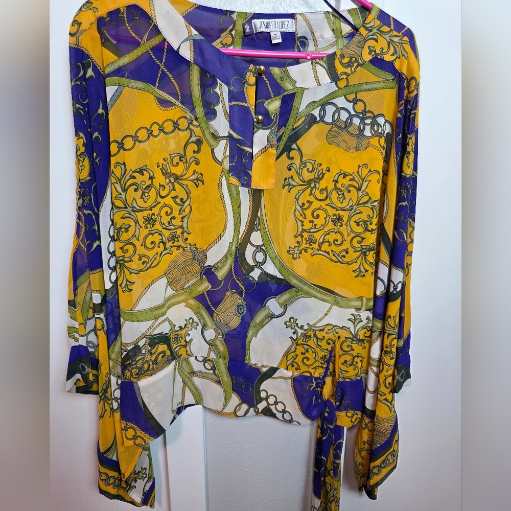 Jennifer Lopez Baroque Scarf Print Bell Sleeve Blouse - Size M